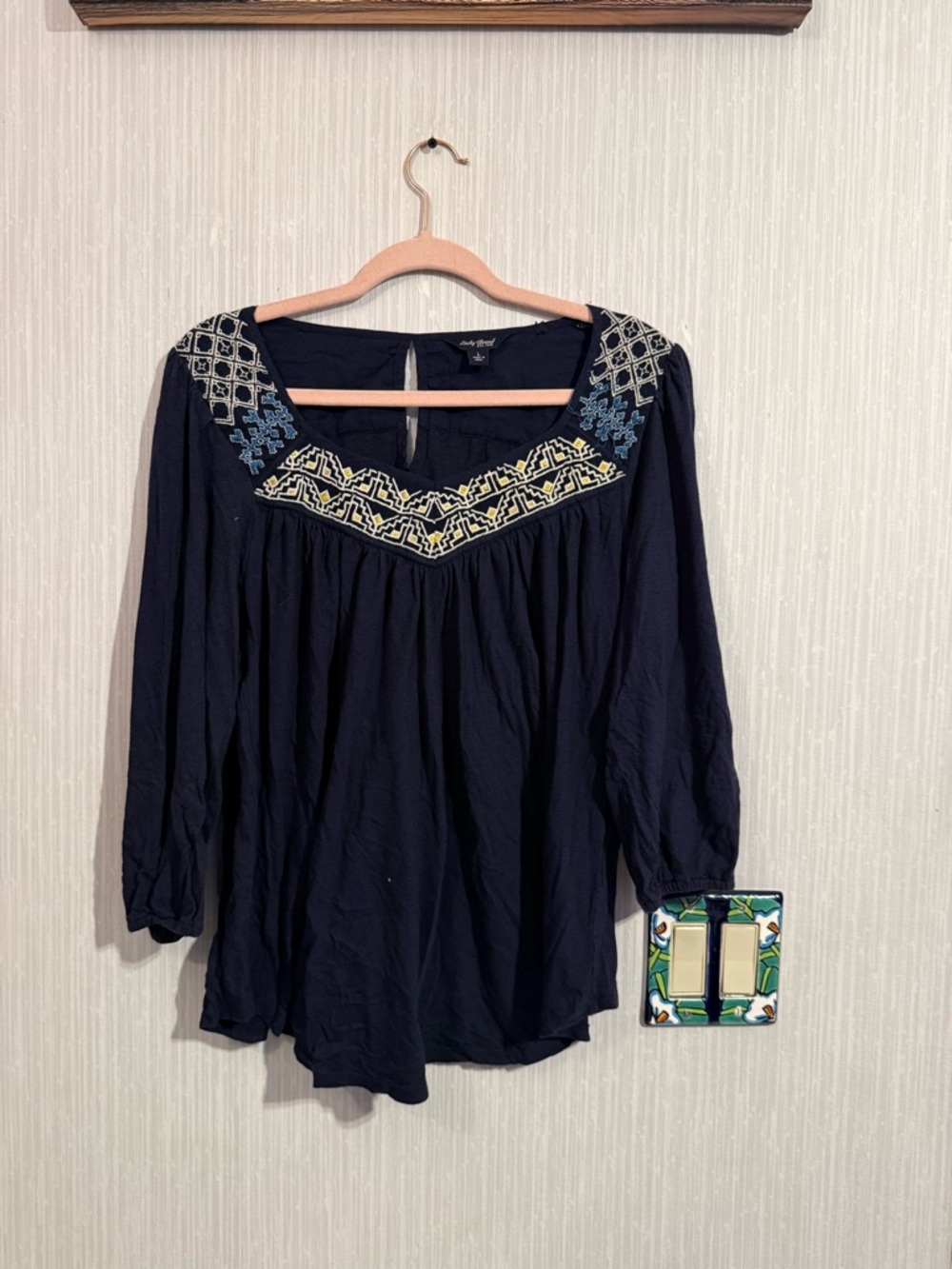 Lucky Brand Navy Blue Embroidered Peasant Blouse - Picture 5 of 8